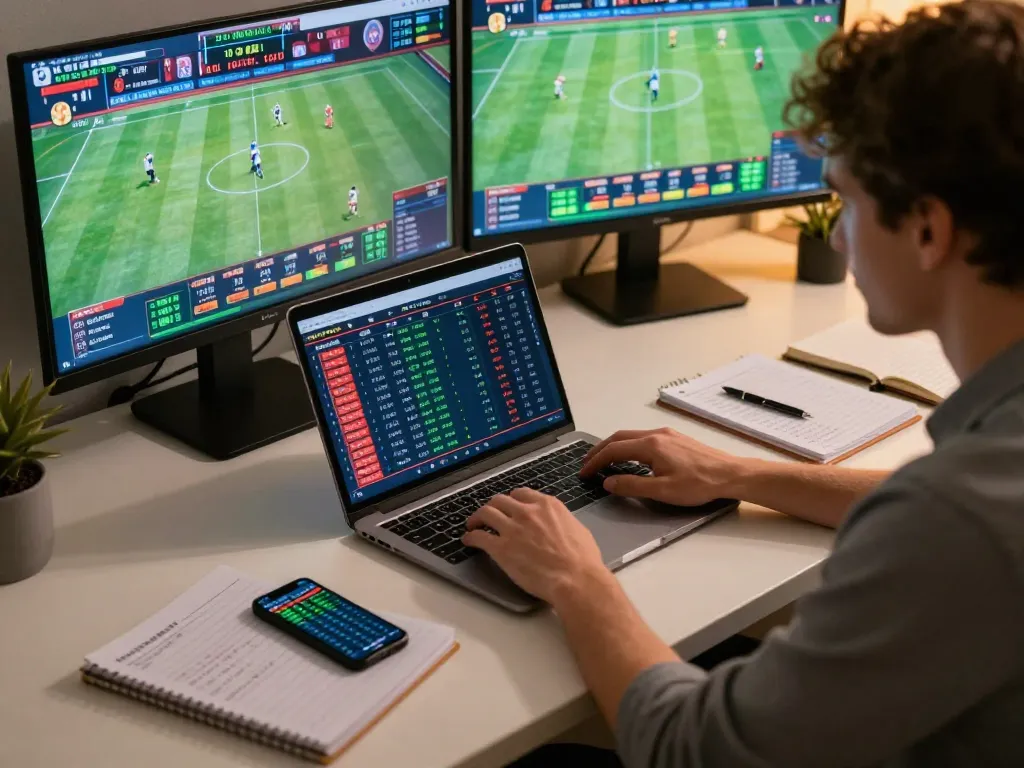 Betting excitement at 888now with a player analyzing odds on their laptop during a live sports match.