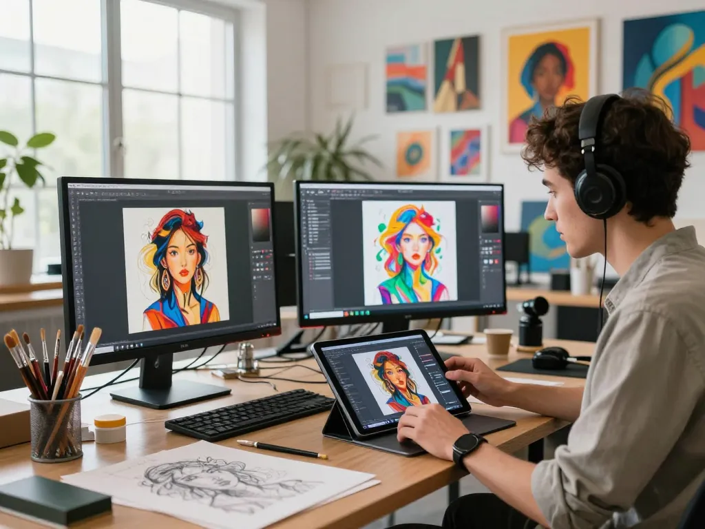 Artist engaging with an image to prompt generator in a vibrant studio, illustrating creative AI art.