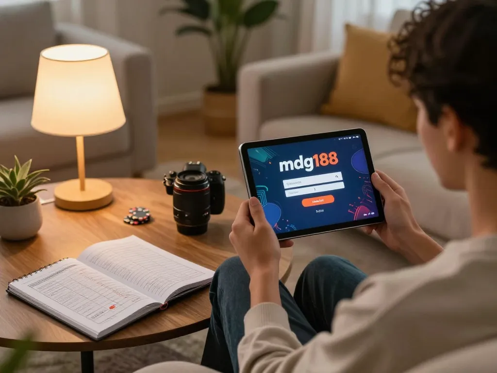 Engaging with mdg188 login screen on a tablet in a cozy home setting for online gambling