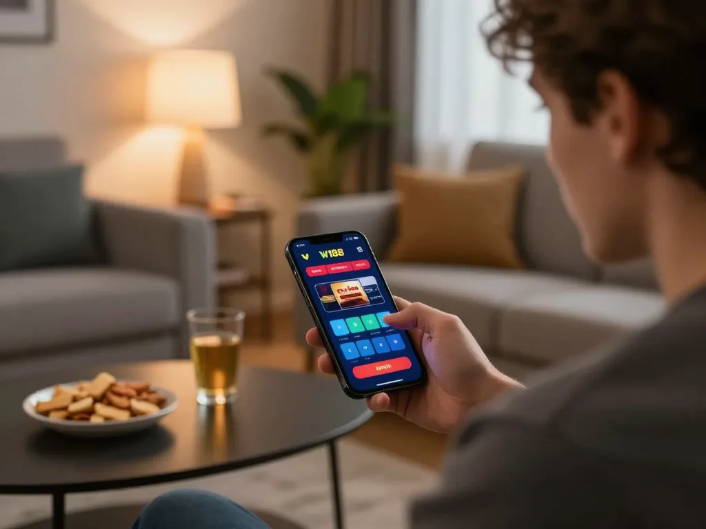 Player navigating the W188 casino app on a smartphone, embodying online gaming strategy