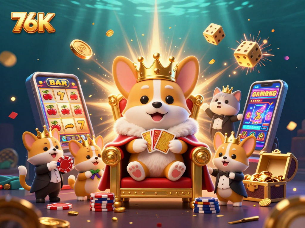 Os corgis jogam apostas emocionantes enquanto 76K explode em ouro e símbolos de cassino.