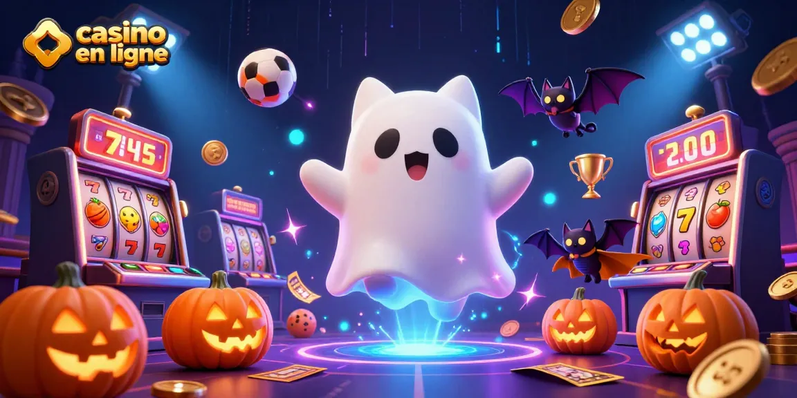 Jouez au casino en ligne avec un chat fantôme et des éléments dynamiques dans une scène colorée.