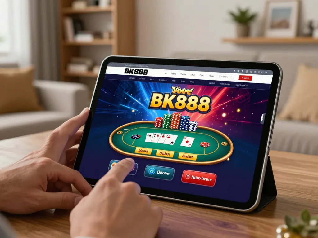 Engaging online gaming scene with BK888 casino interface on a tablet showcasing player strategy