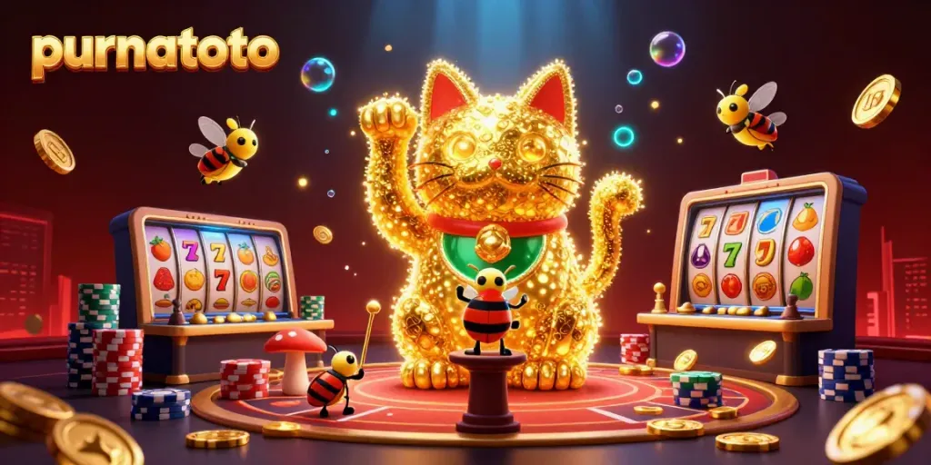 Permainan slot purnatoto yang menarik dan penuh warna dengan simbol-simbol keberuntungan dalam satu gambar.