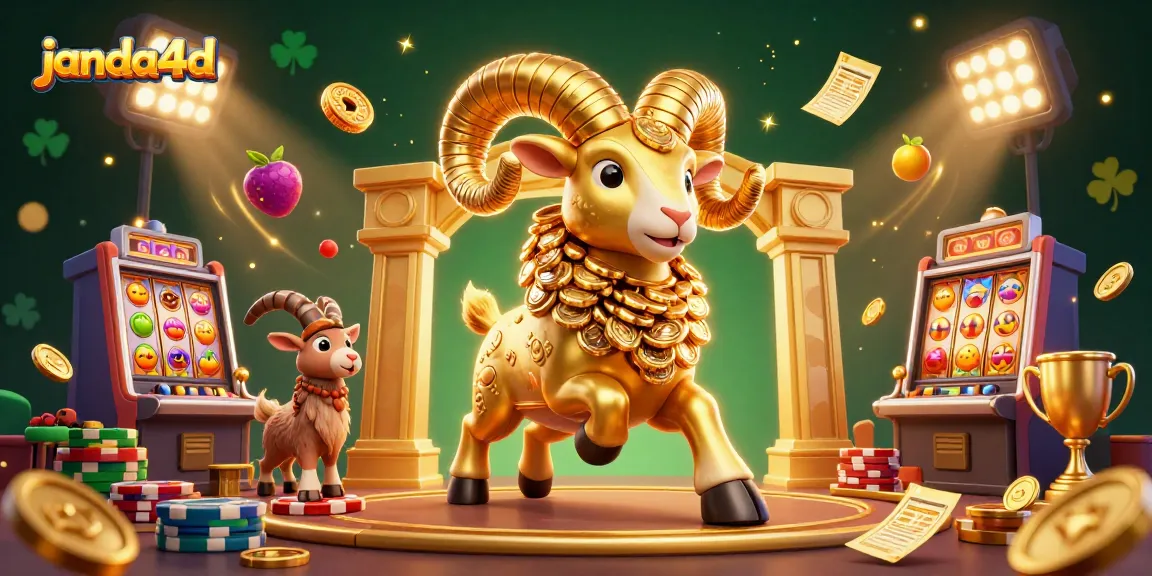 Menangkan hadiah di janda4d dengan ram emas bercurling yang terlihat megah di depan mesin slot yang bersinar.