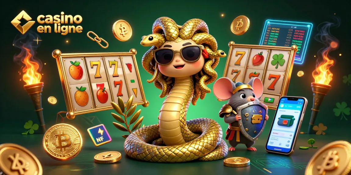 Visuel dynamique de casino en ligne avec Méduse et un guerrier souris entourés de jetons Bitcoin.