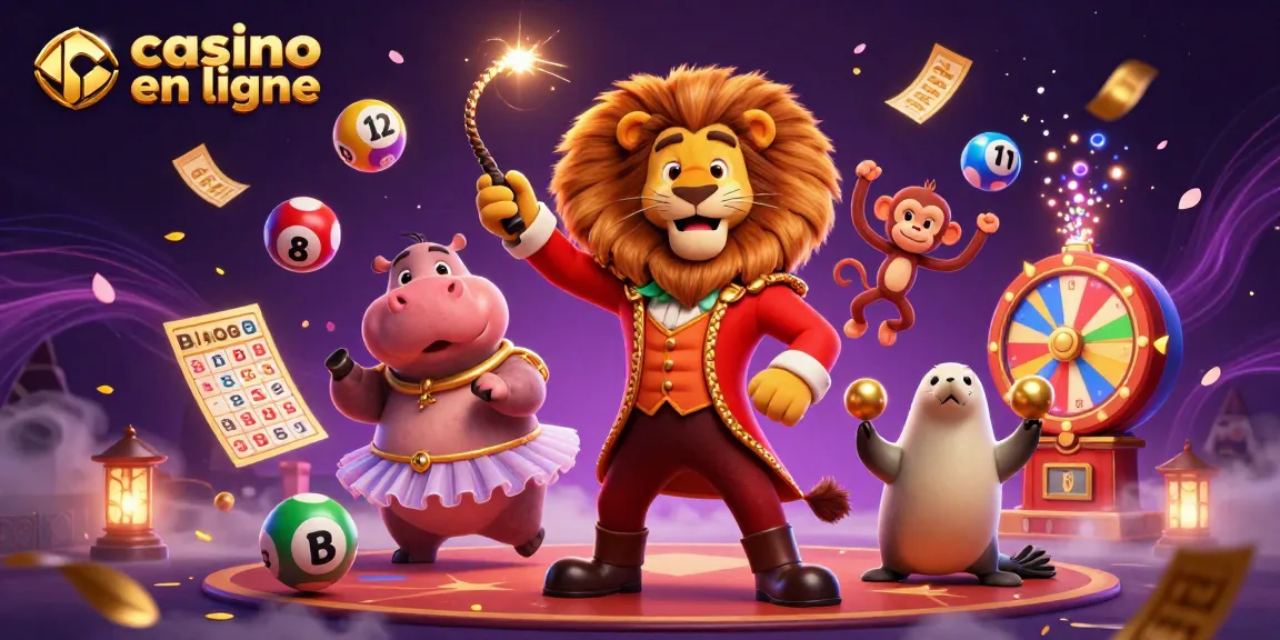 Illustration animée de casino en ligne avec un lion, un hippopotame, un singe, et un phoque entourés de jeux de loterie colorés.