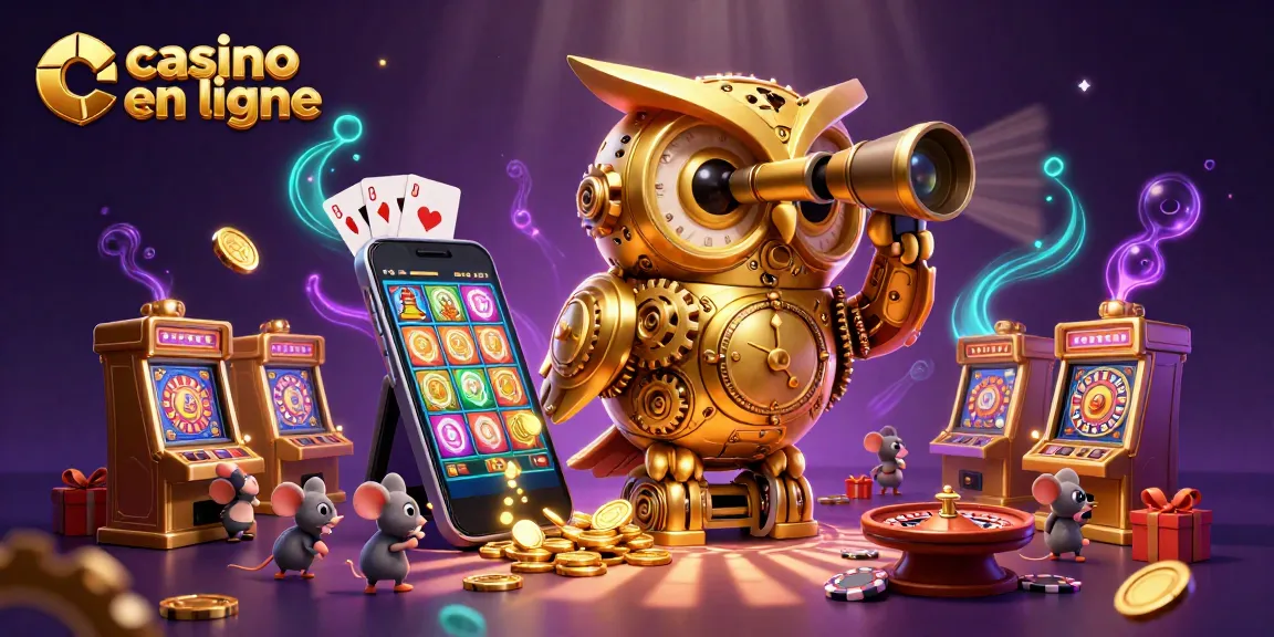 Casino en ligne : illustration 3D d'un hibou doré et de souris sur un sol de casino.