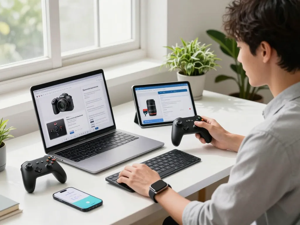 Affordable tech gadgets explored by a young professional in a modern workspace with natural light.