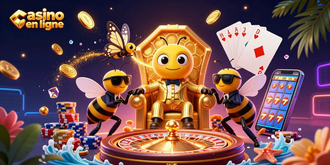 Illustration captivante d'un casino en ligne avec un chef des abeilles, des pièces d'or et des cartes à jouer.