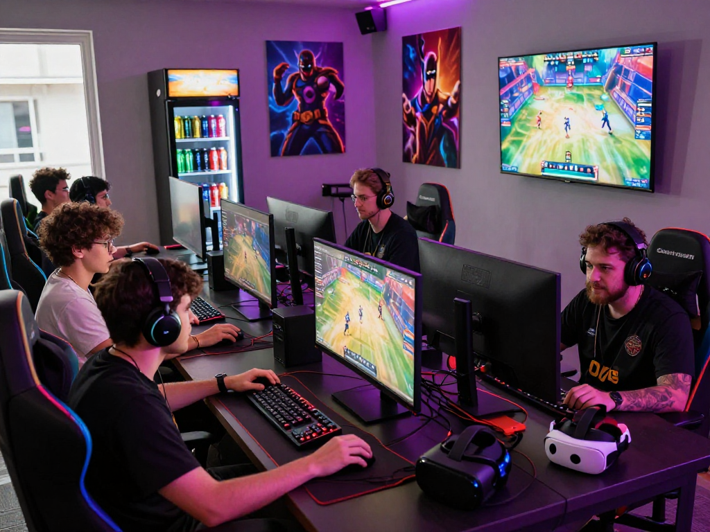 Exciting gaming lounge where gamers engage in competitive play featuring rokok88 peripherals and vibrant LED lights.