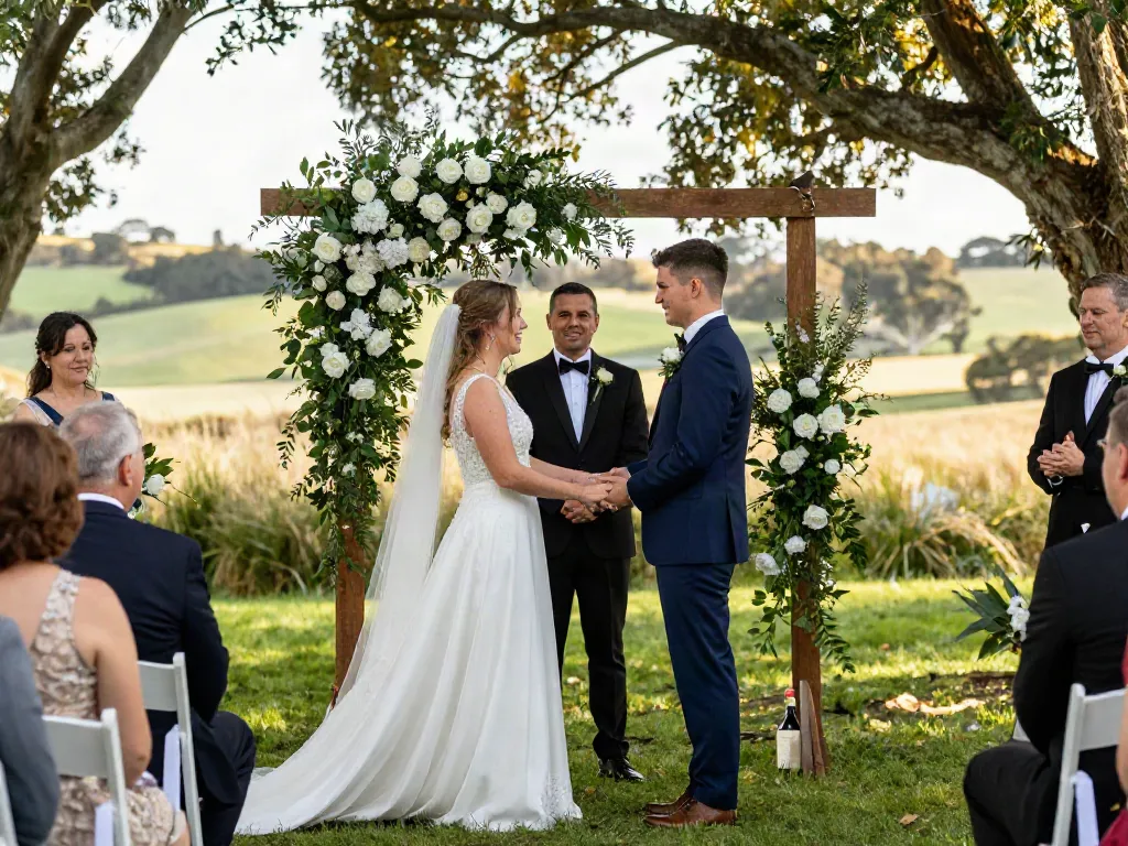 Dunedin wedding photographer capturing a couple exchanging vows surrounded by nature and guests.