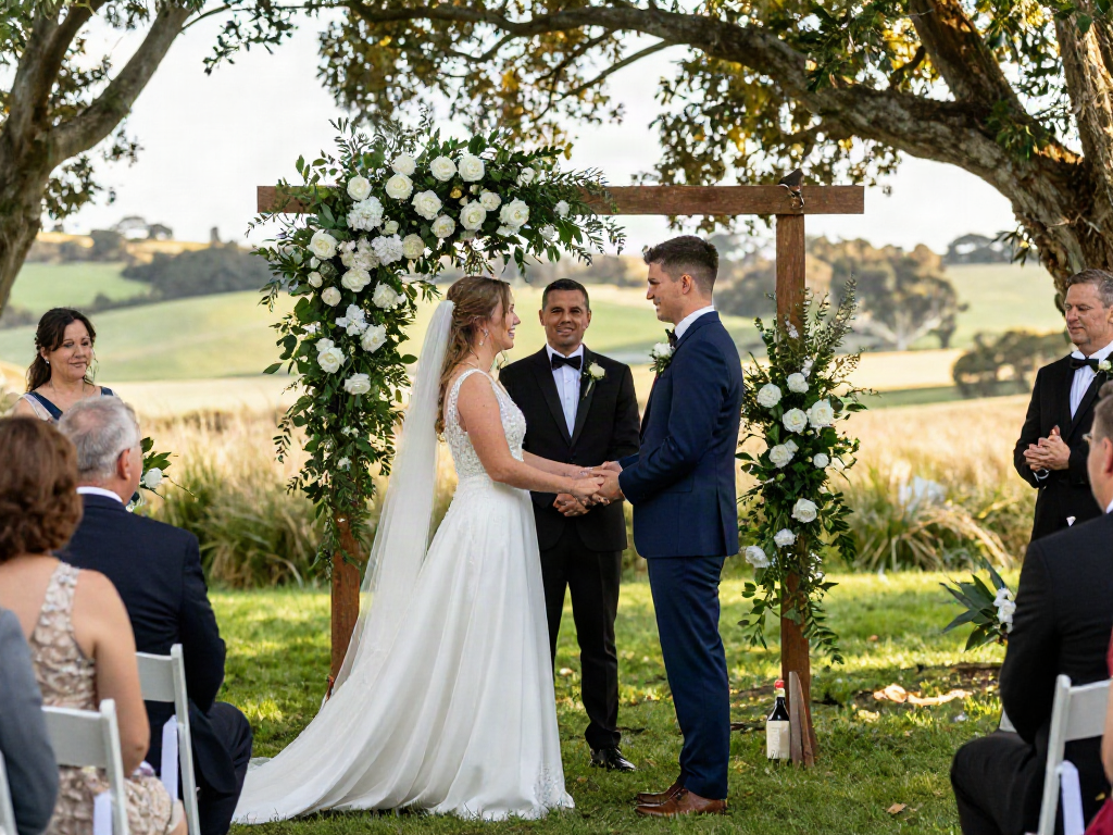 Dunedin wedding photographer capturing a couple exchanging vows surrounded by nature and guests.