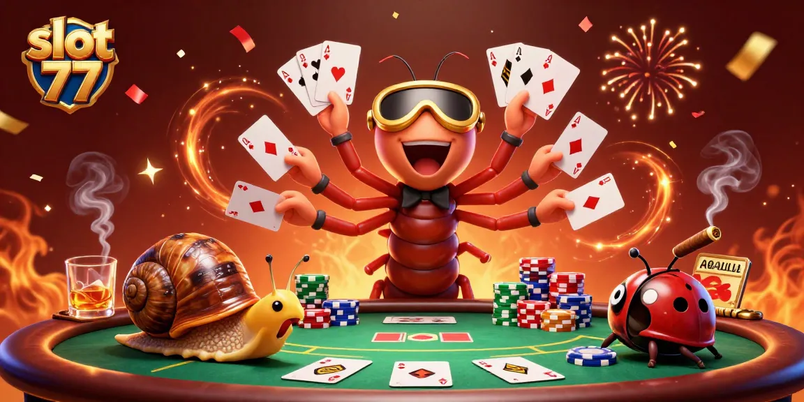 Engage with slot 77 as a millipede dealer and high-roller snail create an exciting casino scene.