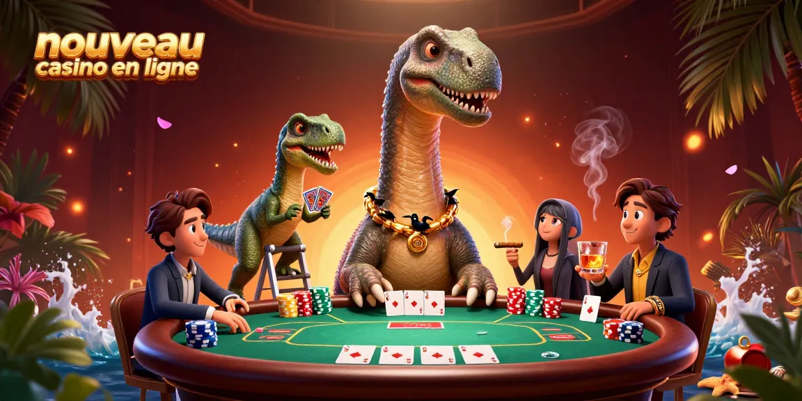 Vivez l'expérience du nouveau casino en ligne avec un brontosaurus géant et un raptor distribuant des cartes.