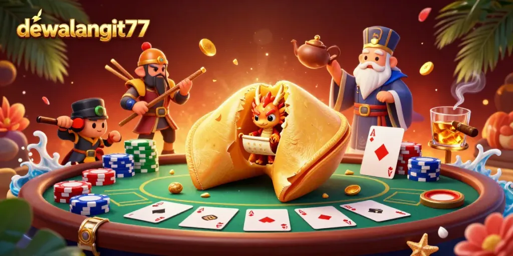 Permainan dewalangit77 menampilkan karakter 3D menarik dengan poker yang penuh warna.