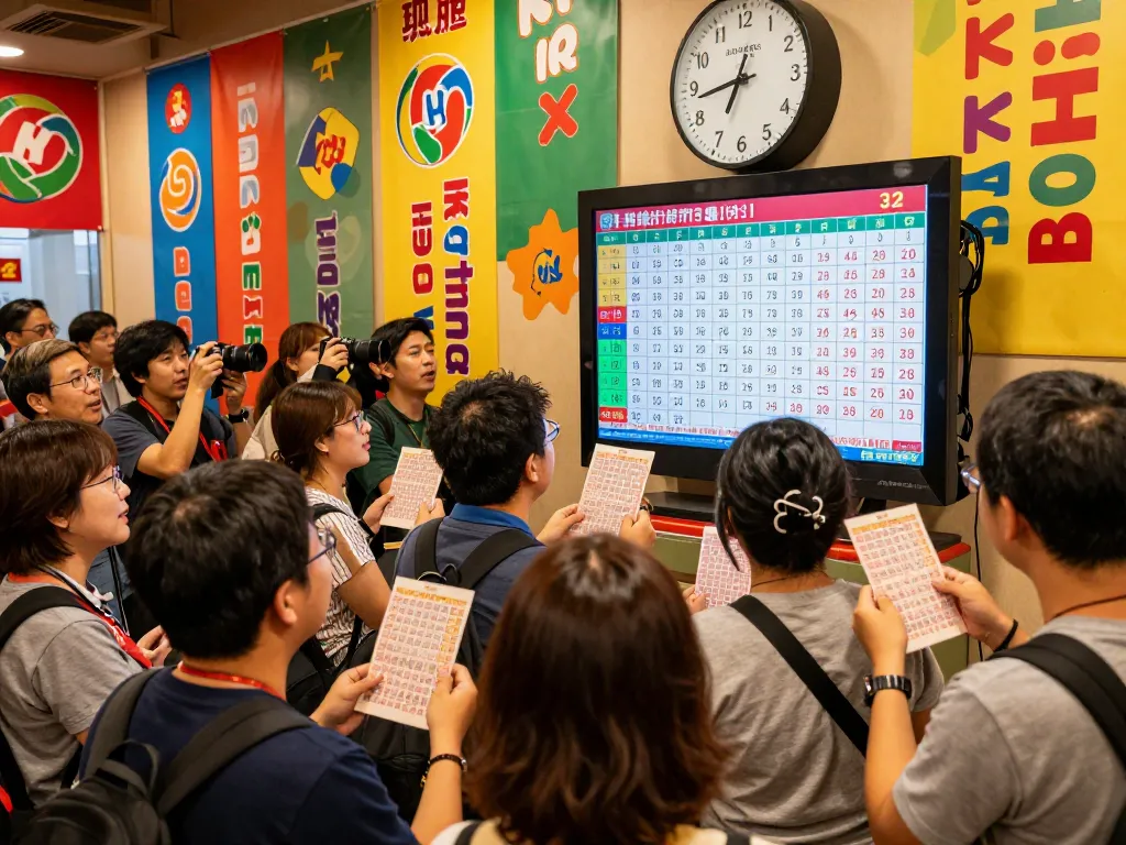 HK Lotto live draw event with excited players checking tickets and results in a vibrant atmosphere.