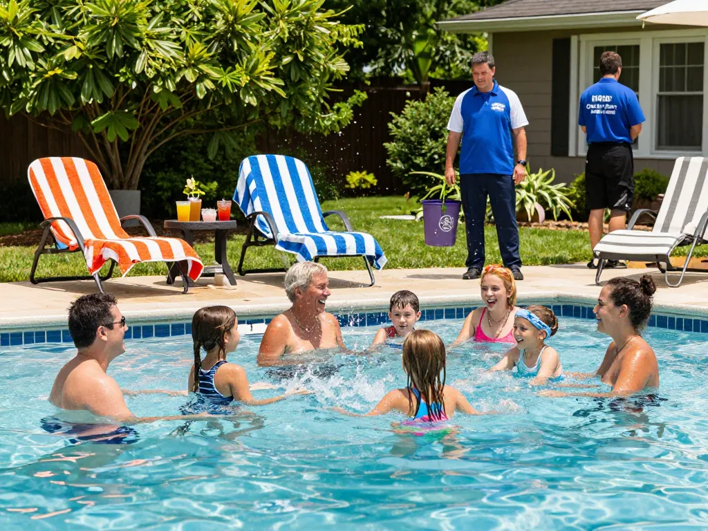 Dolphin Pool Services team ensuring safety while families enjoy their backyard pool in Virginia.