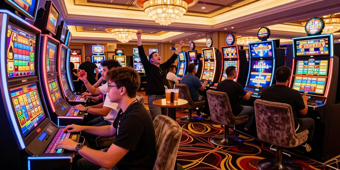 Players enjoying the rokok88 slot machine in an upscale casino setting