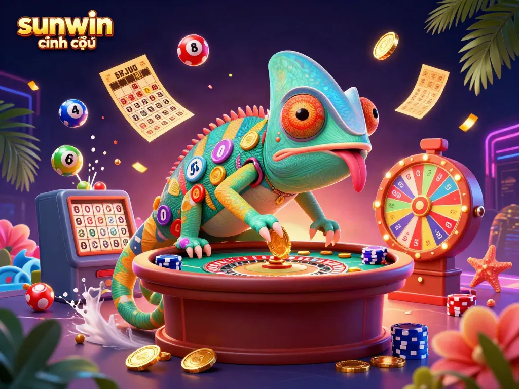 Engage with sunwin chính thức in an exciting casino scene featuring vibrant colorful elements and unique characters