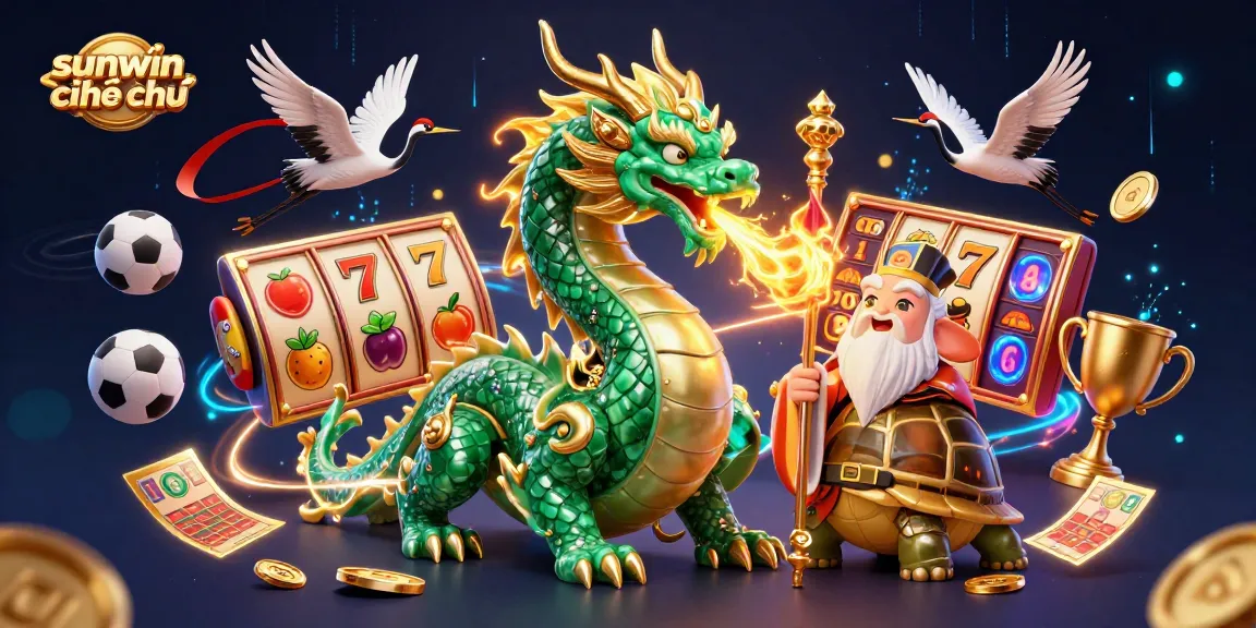 Immerse in the world of sunwin chính chủ with a dynamic scene of a jade dragon, turtle sage, and lucky cranes amidst enchanting casino elements.