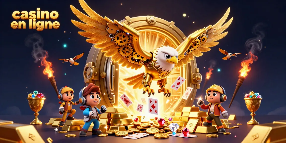Plongez dans l'univers du jeu avec cet aigle doré mécanique, des cartes et trésors de casino en ligne scintillants.