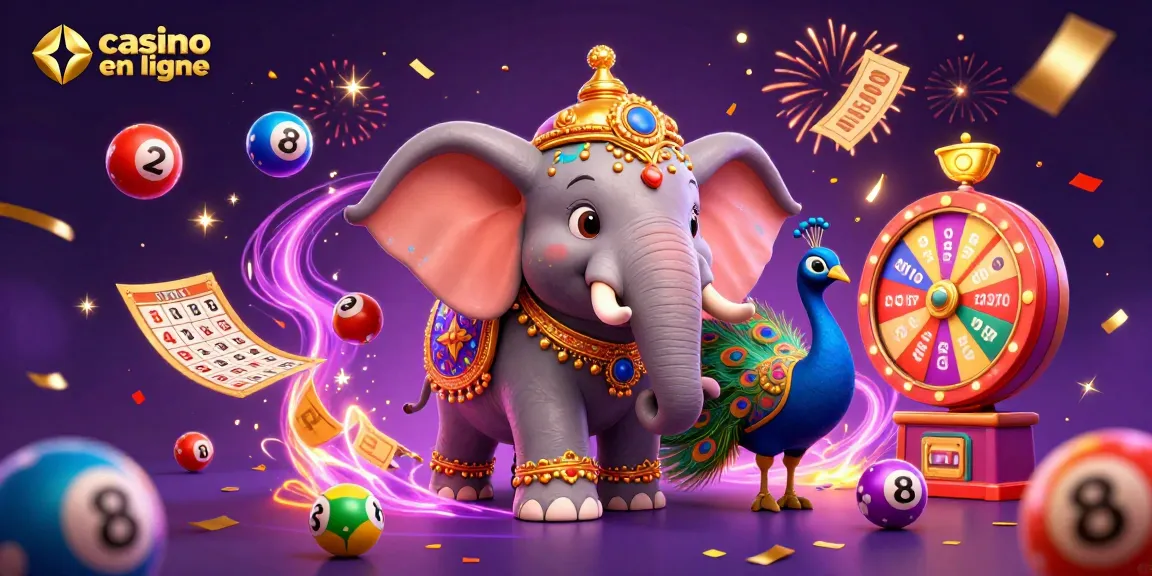 Jouer dans un casino en ligne avec un éléphant coloré festif et des éléments de loterie amusants.