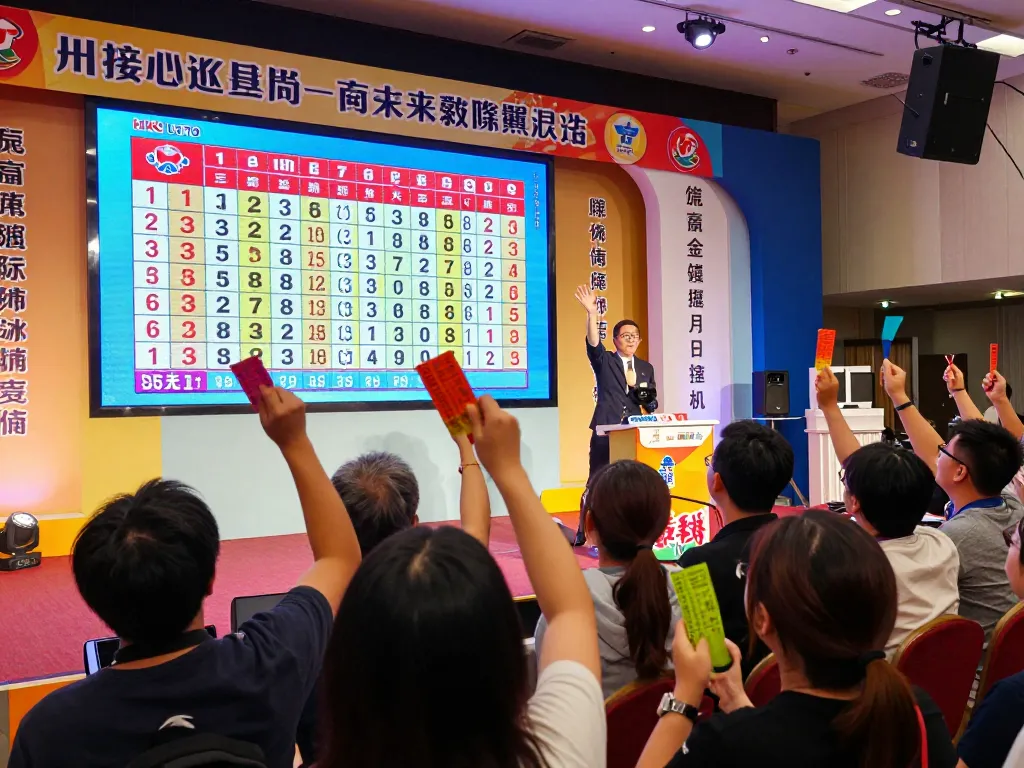 Exciting HK Lotto live draw event with vibrant audience and displayed numbers.