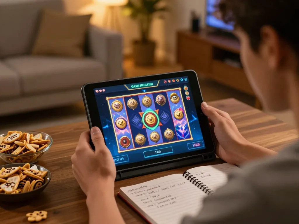Engaging in slot gacor gameplay on a tablet while enjoying snacks in a cozy home environment.