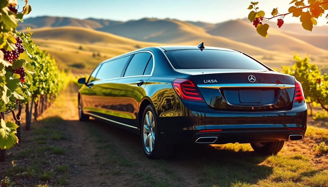 Experience winery limo service in a luxury limousine surrounded by scenic vineyards.