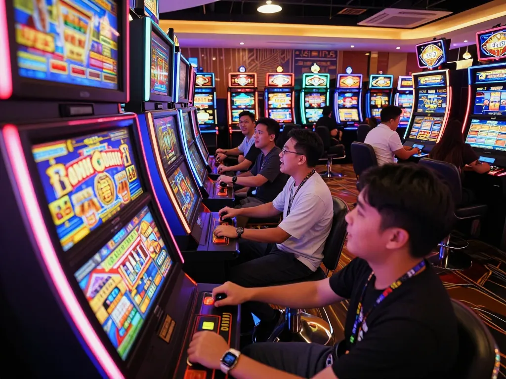 Experience the excitement of gojekpot at a lively casino slot machine area with players celebrating wins.