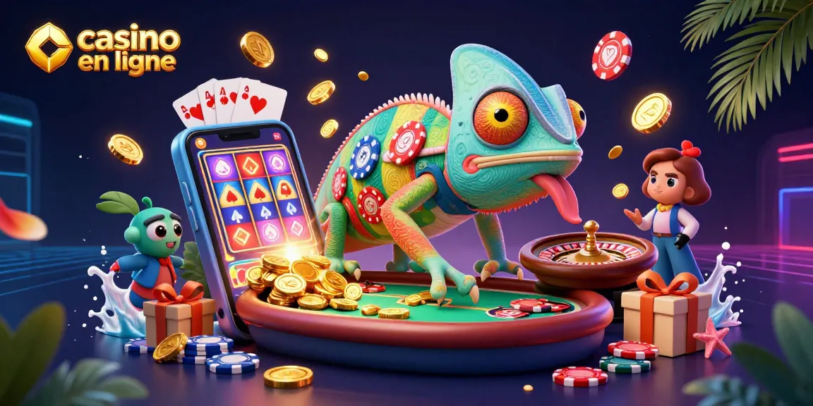 Le casino en ligne présente un caméléon géant qui attrape des pièces d'or, entouré de jeux de cartes et de machines à sous.