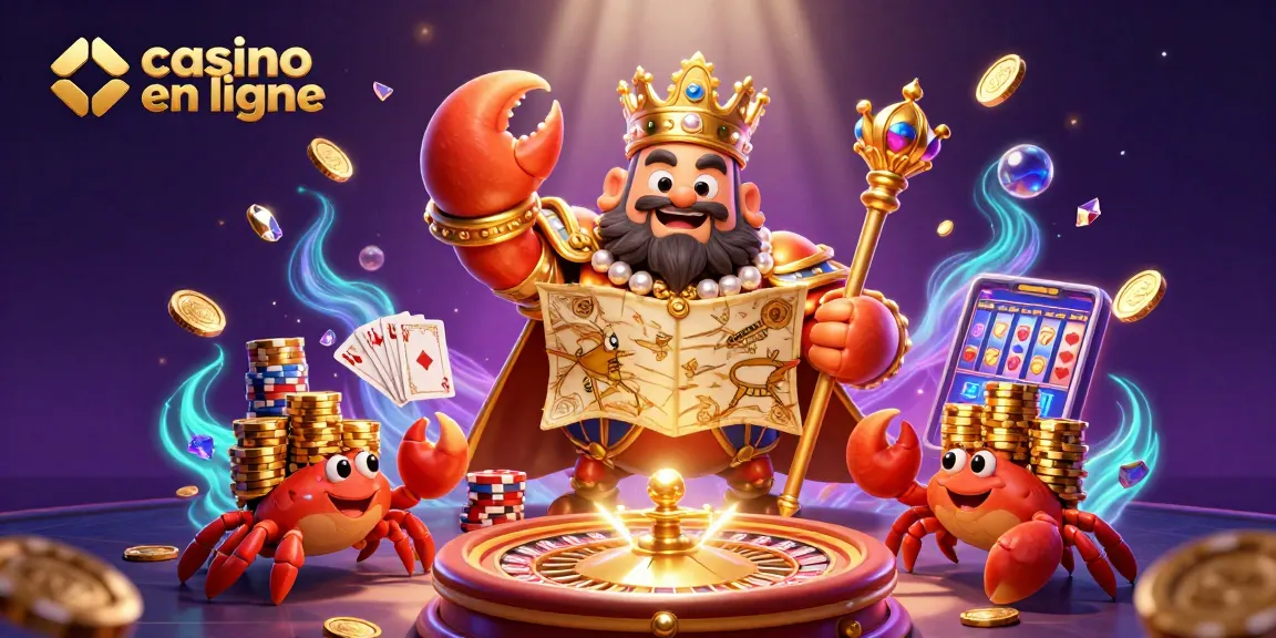 jetez un œil à notre univers casino en ligne avec un crabe géant tenant un sceptre et une carte au trésor