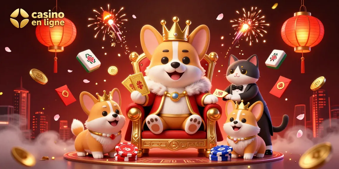 Vivez l'expérience du casino en ligne avec un corgi royal sur un trône de jetons, entouré de lanternes et d'éléments festifs.