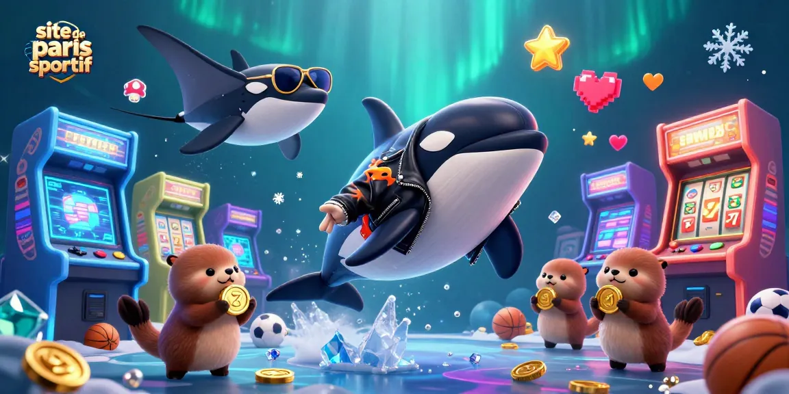 Pariez sur le site de paris sportif avec une illustration 3D captivante d'animaux marins et de symboles de jeux.
