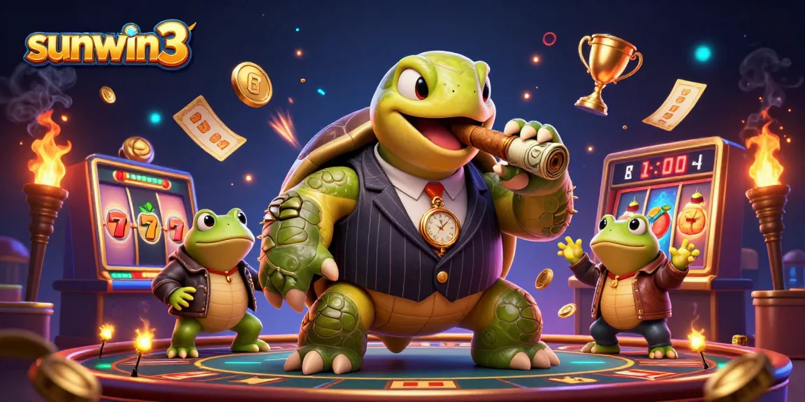 Experience thrilling gameplay with sunwin3's vibrant slots and jackpot illustration featuring a unique turtle mobster.