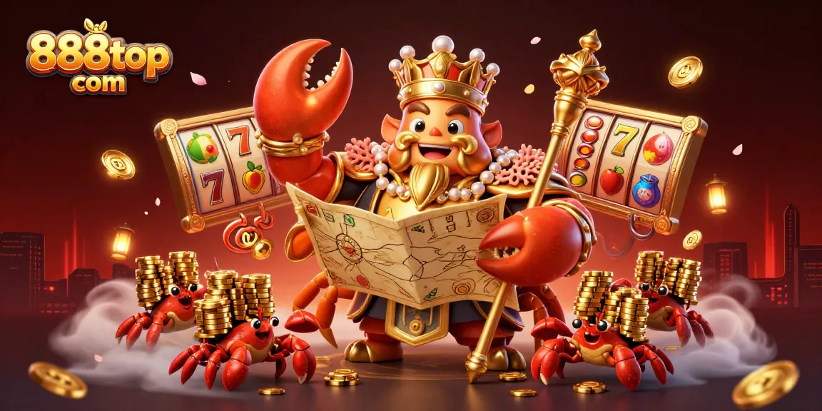 Spin and win at 888top com with a golden crab emperor amidst exciting slot game elements.
