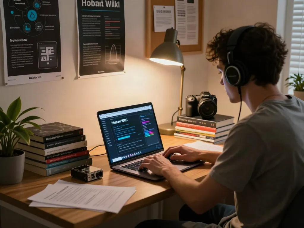 Engaged individual exploring the hidden wiki in a cozy study, surrounded by tech resources.
