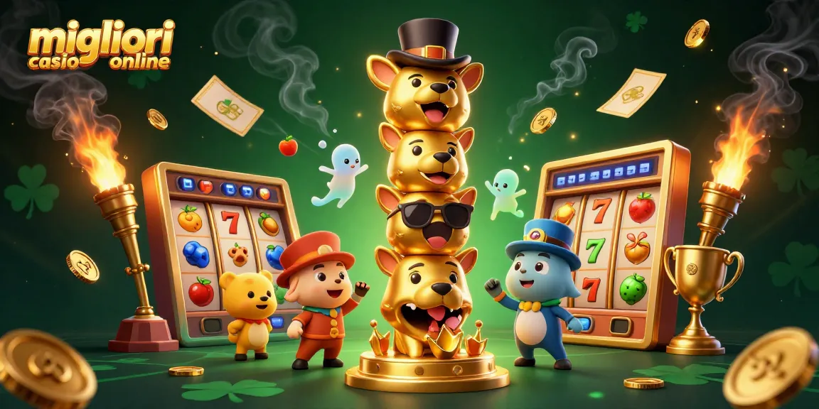 Migliori casino online: vivace illustrazione cartoon di un totem dorato con elementi delle slot e monete d'oro, che simboleggia l'intrattenimento ludico.