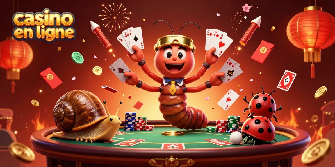 Illustrez un casino en ligne animé avec un croupier mille-pattes et des éléments de jeu colorés.