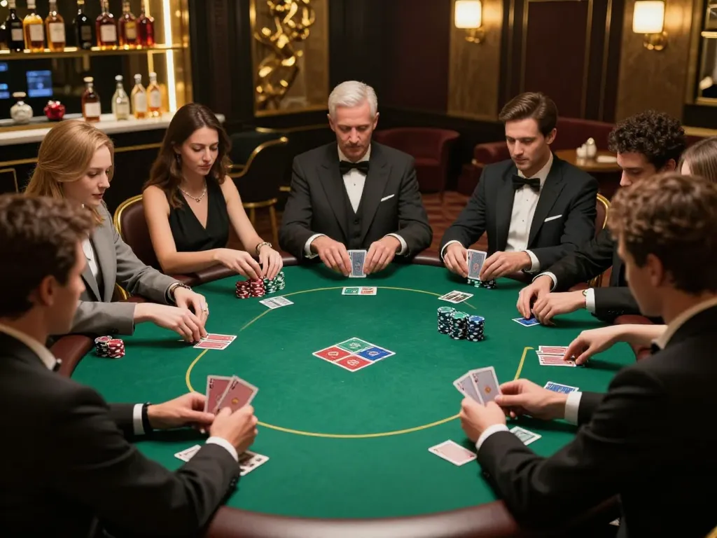 Players strategizing over a poker game in an upscale setting at 23win, highlighting luxury and excitement.