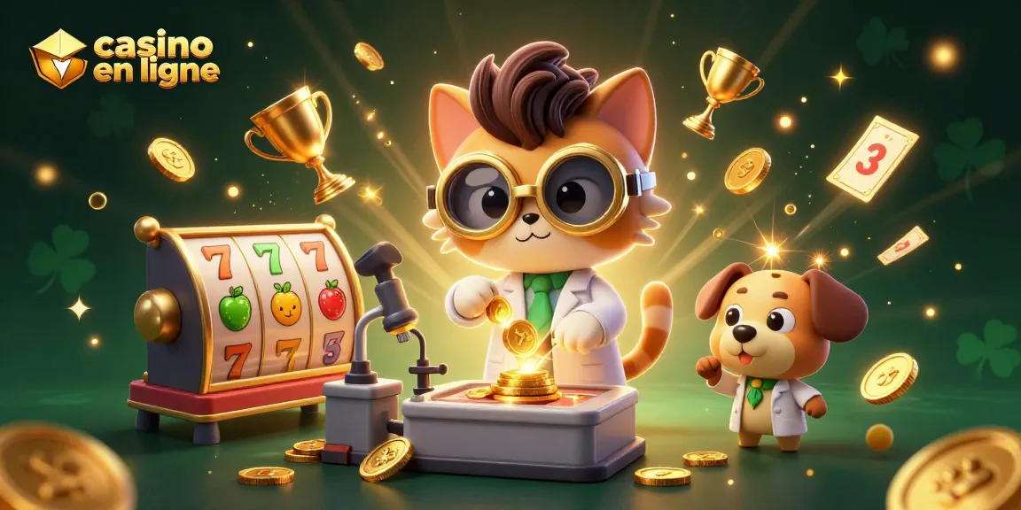 Illustration de casino en ligne avec le chat scientifique fou et son assistant, créant des pièces d'or.