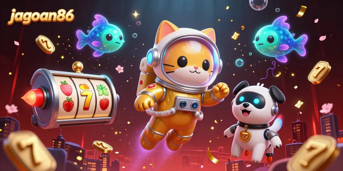 Spin to win with jagoan86 in this vibrant casino universe featuring a space cat and robot dog.
