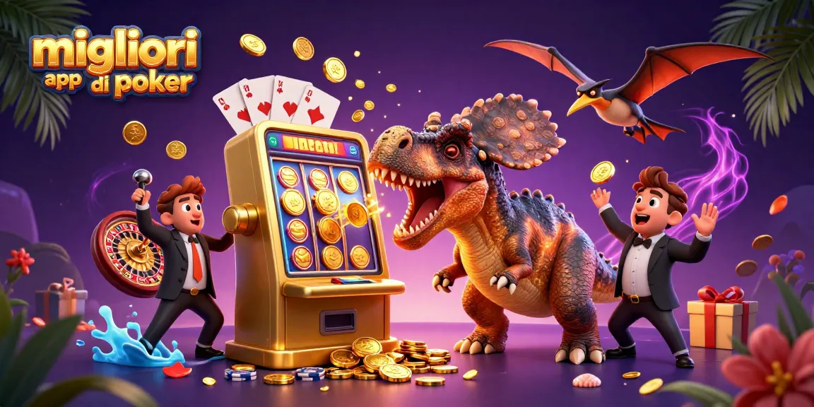 Migliori app di poker: un pachicefalosauro interagisce con una slot machine mentre un ankilosauro e un pteranodonte catturano monete dorate.