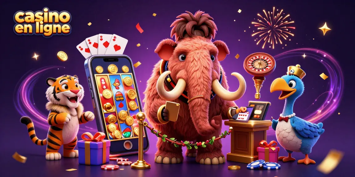 Découvrez le casino en ligne avec un mammouth, un tigre et un oiseau, entourés de jeux de casino.