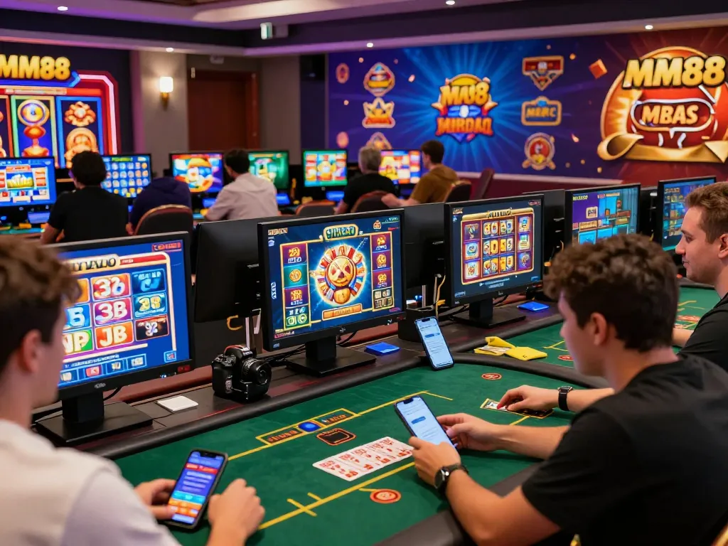 Players enjoying thrilling MM88 casino games in a lively online gaming environment.