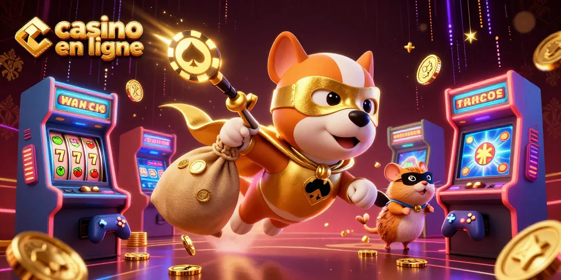 Profitez de l'excitation du casino en ligne avec un héros canin caricatural et des machines à sous éclatantes.