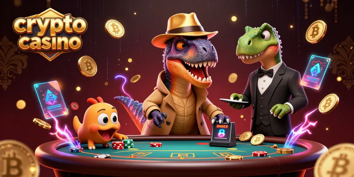 Illustration d'un crypto casino avec un vélociraptor, un boss stégosaure et un compy, entourés de pièces Bitcoin et d'éléments blockchain.