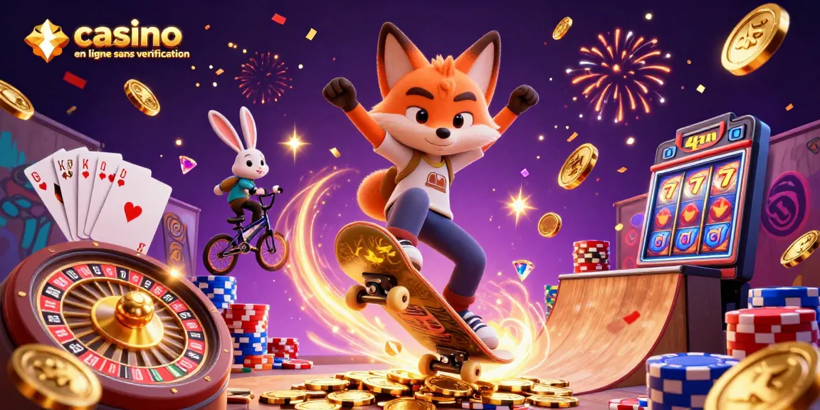 L'illustration dynamique de casino en ligne sans vérification avec un renard skateboarder et un lapin BMX entourés de symboles de jeu étincelants.