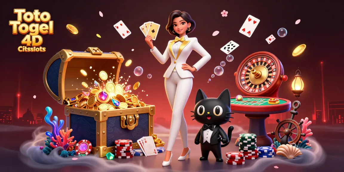 Toto Togel 4D Citislots vibrant illustration of a casino setting with a stylish woman and a cartoon cat, shuffling cards.